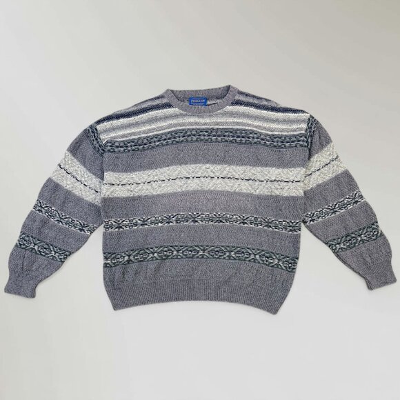 Vintage Pendleton Wool Sweater Gray Geometric Aztec Striped Men's Size Lrg - Picture 1 of 5